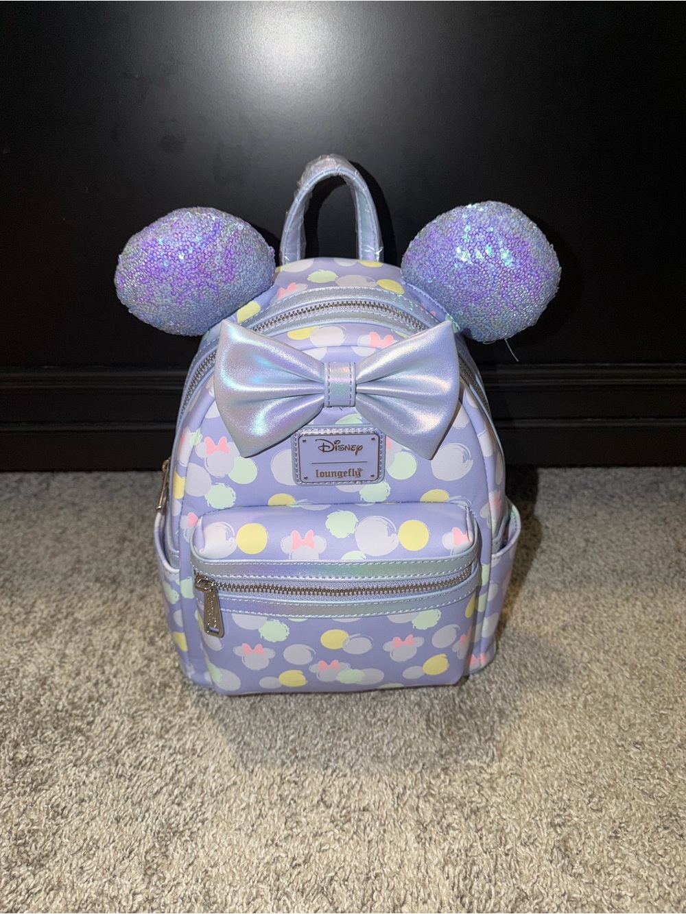 NWT Loungefly Exclusive Minnie Mouse Iridescent Print Sequin Ear Mini backpack